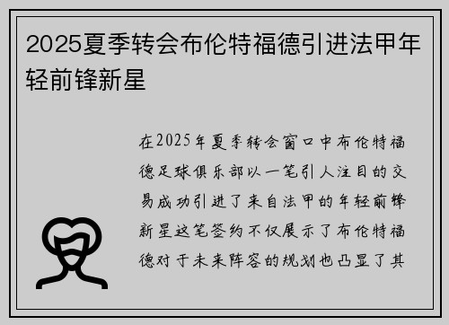 2025夏季转会布伦特福德引进法甲年轻前锋新星 2025夏季转会布伦特福德引进法甲年轻前锋新星